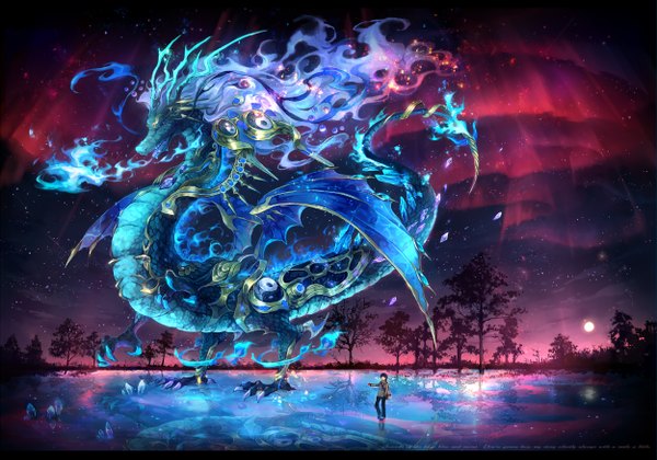 Anime picture 1250x877 with breath of fire original shigaraki (strobe blue) short hair open mouth black hair standing tail animal tail horn (horns) fingernails night sky glowing looking up long fingernails bat wings aurora borealis boy gloves plant (plants)