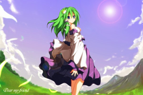 Anime picture 1200x800 with touhou kochiya sanae guriserin (artist) single long hair blue eyes bare shoulders cloud (clouds) looking back green hair landscape girl dress detached sleeves animal petals hair tubes sun snake