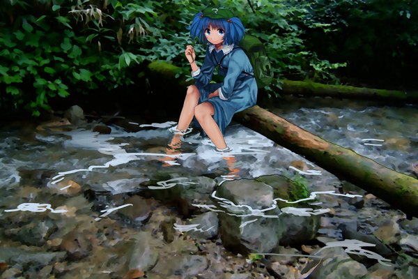 Anime picture 1500x1000 with touhou kawashiro nitori wtuw single looking at viewer short hair blue eyes sitting twintails blue hair short twintails river girl flat cap