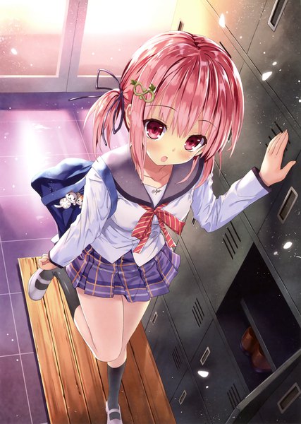 Anime picture 2491x3500 with original kiba satoshi single tall image looking at viewer blush highres short hair open mouth red eyes pink hair scan official art girl skirt uniform school uniform miniskirt petals socks