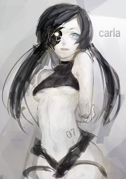 Anime picture 707x1000 with original tmt (pixiv) single long hair tall image breasts open mouth blue eyes light erotic black hair twintails looking away inscription grey background bare belly hands behind back girl