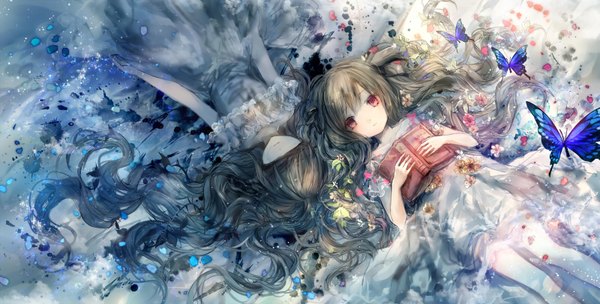 Anime picture 1600x812 with original onineko long hair red eyes brown hair wide image multiple girls lying girl dress flower (flowers) 2 girls petals book (books) insect butterfly