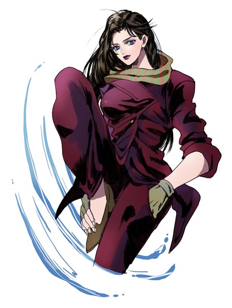 Anime picture 679x900 with jojo no kimyou na bouken lisa lisa halu-ca single long hair tall image blue eyes black hair simple background white background looking away bent knee (knees) light smile lipstick leg lift (legs lift) red lipstick hand in pocket girl gloves fingerless gloves