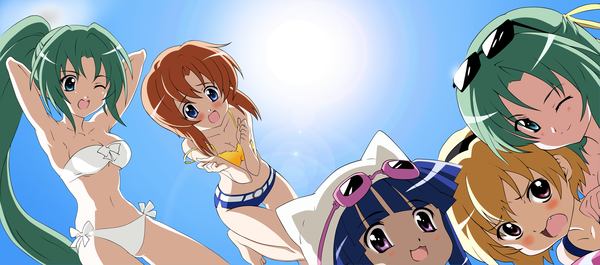 Anime picture 6000x2654 with higurashi no naku koro ni studio deen ryuuguu rena furude rika sonozaki mion houjou satoko sonozaki shion long hair fringe highres short hair breasts open mouth blue eyes light erotic smile wide image standing purple eyes multiple girls