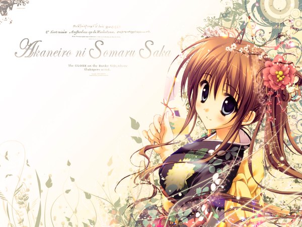 Anime picture 1280x960 with akane iro ni somaru saka nagase minato brown hair japanese clothes hair flower black eyes girl hair ornament