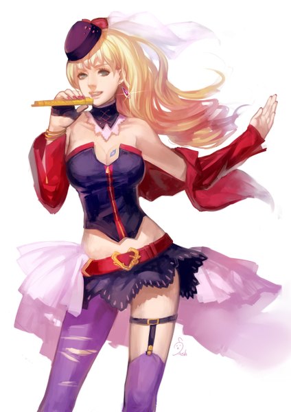 Anime picture 1000x1414 with macross macross frontier sheryl nome ask (askzy) single long hair tall image blue eyes blonde hair white background bare shoulders signed nail polish midriff girl thighhighs skirt hat earrings belt