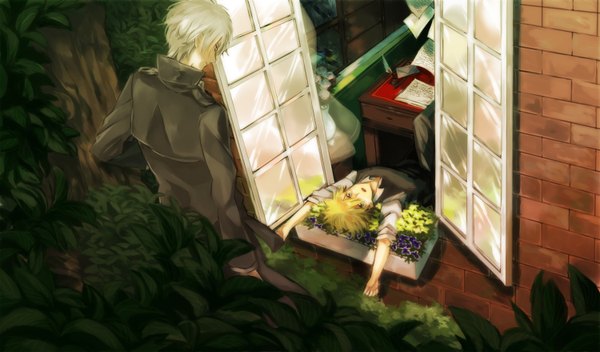Anime picture 1500x882 with katekyou hitman reborn vongola primo giotto alaude (khr) tejou (artist) blonde hair wide image white hair from behind stretch boy flower (flowers) plant (plants) tree (trees) window cloak vest table