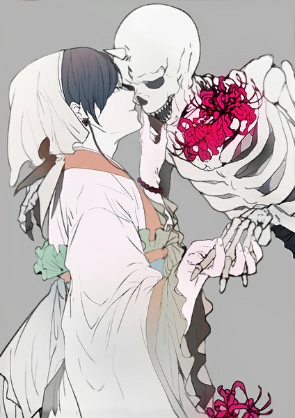 Anime picture 600x849 with hoozuki no reitetsu wit studio hoozuki (hoozuki no reitetsu) hakutaku (hoozuki no reitetsu) ihiro single tall image short hair black hair simple background traditional clothes profile horn (horns) grey background teeth holding hands chinese clothes sharp teeth skeleton boy