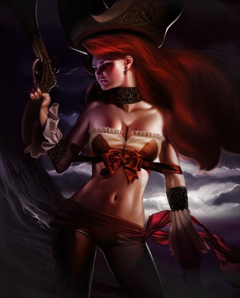 Anime picture 1290x1600 with league of legends miss fortune (league of legends) achibner single long hair tall image looking at viewer red hair midriff pirate girl navel bow ribbon (ribbons) weapon earrings gun pistol armband pirate hat