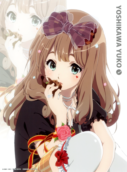 Anime picture 1632x2208 with hibike! euphonium kyoto animation yoshikawa yuuko ikeda shouko single long hair tall image looking at viewer blue eyes brown hair holding head tilt inscription zoom layer girl thighhighs flower (flowers) bow ribbon (ribbons) hair bow