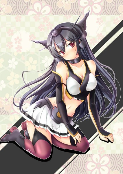 Anime picture 708x1000 with kantai collection nagato battleship chize single long hair tall image looking at viewer black hair red eyes bare shoulders midriff girl thighhighs navel hair ornament detached sleeves