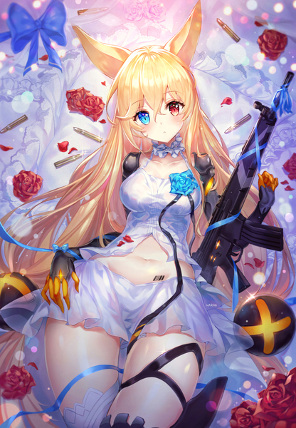 Anime picture 1515x2186 with girls frontline g41 (girls frontline) narae single tall image looking at viewer blush fringe blue eyes light erotic blonde hair hair between eyes red eyes twintails signed animal ears lying very long hair on back heterochromia