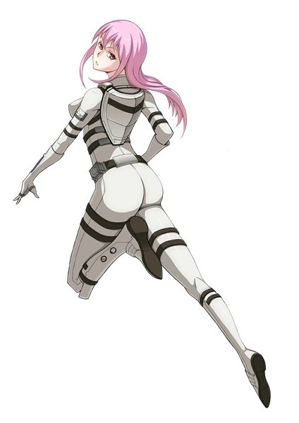 Anime picture 800x1132 with sidonia no kishi honoka en hayate (leaf98k) single long hair tall image simple background white background brown eyes pink hair looking back from behind girl bodysuit