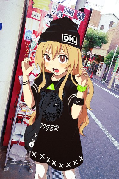 Anime picture 750x1125 with toradora j.c. staff aisaka taiga nemobrand single long hair tall image looking at viewer blush fringe open mouth blonde hair standing brown eyes inscription teeth text city cityscape english