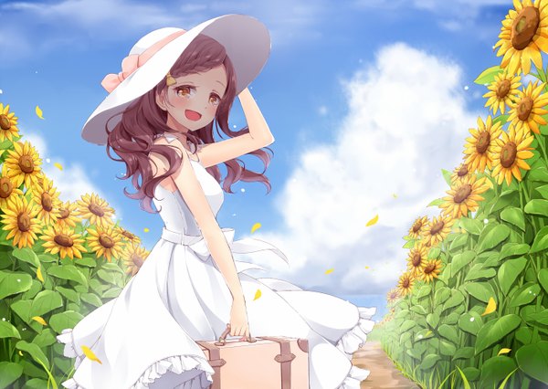 Anime picture 1406x1000 with original hazuki natsu single long hair looking at viewer blush open mouth brown hair brown eyes sky cloud (clouds) girl flower (flowers) hat petals sundress sunflower