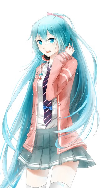 Anime picture 1000x1700 with project diva project diva f vocaloid hatsune miku ppportia single tall image looking at viewer open mouth simple background white background very long hair aqua eyes aqua hair zettai ryouiki ribbon girl (module) girl thighhighs skirt necktie