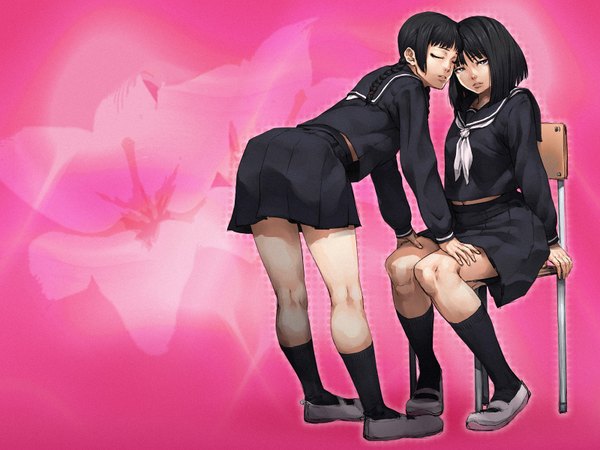 Anime picture 1600x1200 with cozy highres black hair sitting multiple girls black eyes girl uniform 2 girls school uniform serafuku