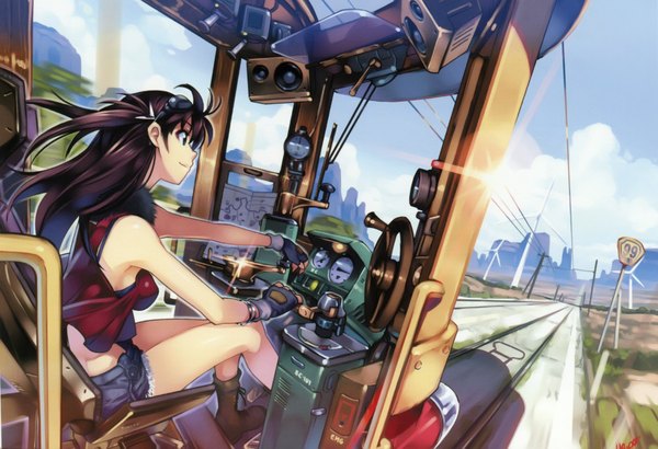 Anime picture 3652x2499 with original vania600 single long hair highres blue eyes black hair absurdres ahoge girl gloves shorts sunglasses traffic sign tram