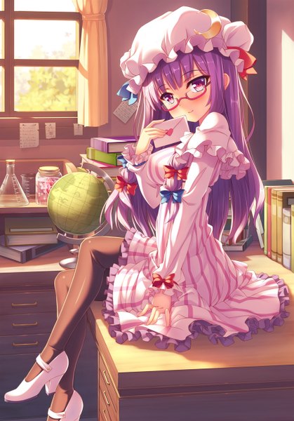 Anime picture 909x1300 with touhou patchouli knowledge tonchan single long hair tall image looking at viewer blush sitting purple eyes purple hair bespectacled girl dress bow hair bow glasses frills book (books) bonnet