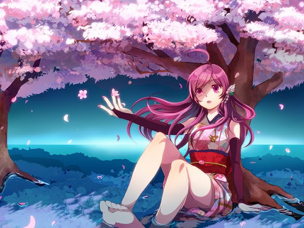 Anime picture 1000x750 with vocaloid miki (vocaloid) single long hair sitting pink hair ahoge japanese clothes pink eyes barefoot cherry blossoms girl gloves hair ornament flower (flowers) plant (plants) detached sleeves petals tree (trees) water