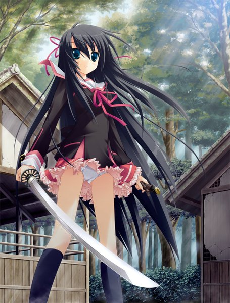 Anime picture 1024x1350 with koiiro soramoyou (game) kanou kayoko lucie long hair tall image blue eyes light erotic black hair standing game cg outdoors very long hair wind from below frilly skirt girl underwear panties plant (plants) sword