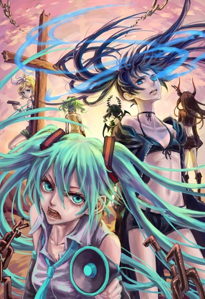 Anime picture 2031x2952 with black rock shooter vocaloid hatsune miku kagamine rin gumi black rock shooter (character) dead master black gold saw zhen hun qu long hair tall image looking at viewer highres short hair open mouth blue eyes black hair blonde hair twintails multiple girls
