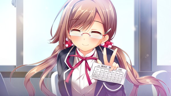 Anime picture 2560x1440 with jk trouble main"s nyan nyan (studio) serizawa hisa long hair blush highres smile brown hair wide image twintails game cg eyes closed victory girl uniform school uniform glasses