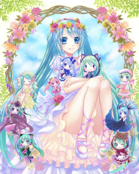 Anime picture 960x1200 with little red riding hood project diva project diva 2nd vocaloid shinkai shoujo (vocaloid) magnet (vocaloid) senbonzakura (vocaloid) hatsune miku yuki miku sakura miku yuki miku (2012) kurone kuroneko tall image looking at viewer blue eyes smile blue hair very long hair aqua hair chibi