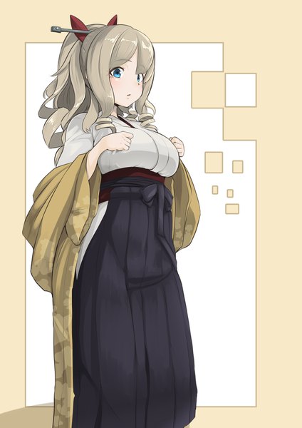 Anime picture 1488x2105 with kantai collection hatakaze (kantai collection) ryuun (stiil) single long hair tall image blush breasts blue eyes blonde hair simple background large breasts looking away ponytail traditional clothes parted lips japanese clothes wide sleeves drill hair meiji schoolgirl uniform