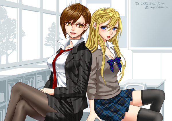 Anime picture 1214x859 with vocaloid meiko lily (vocaloid) hamura mayu long hair short hair open mouth blue eyes blonde hair brown hair sitting multiple girls brown eyes teacher girl thighhighs skirt uniform black thighhighs 2 girls