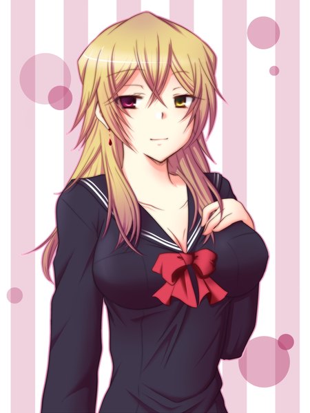 Anime picture 1000x1333 with pandora hearts xebec vincent nightray miki souya single long hair tall image looking at viewer fringe light erotic simple background blonde hair hair between eyes yellow eyes upper body pink eyes light smile heterochromia hand on chest genderswap