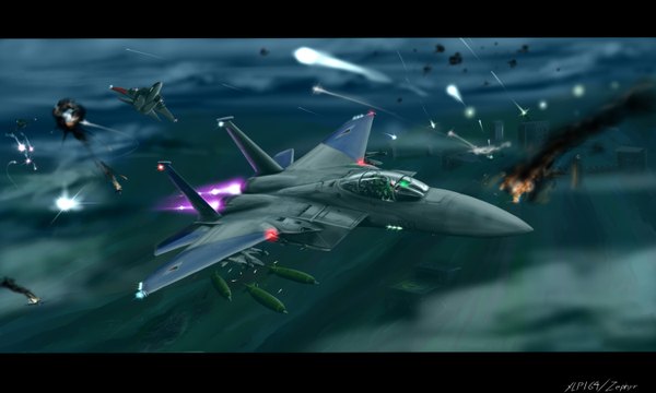 Anime picture 1500x900 with ace combat zephyr164 wide image signed flying battle explosion war weapon airplane jet missile f-15