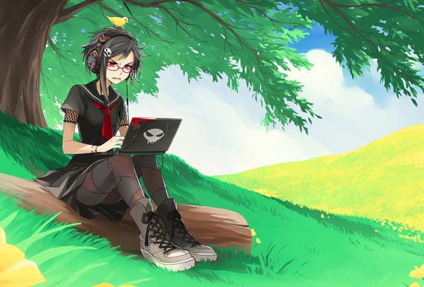 Anime picture 1596x1080 with original kriss sison single short hair black hair red eyes girl skirt hair ornament plant (plants) miniskirt animal tree (trees) glasses necktie boots headphones bird (birds) grass laptop