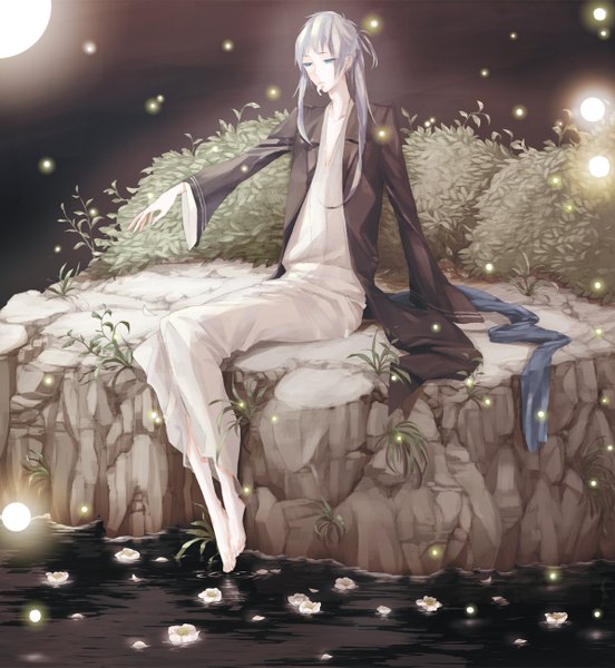 Anime picture 1196x1300 with original asemodekita (artist) single long hair tall image blue eyes sitting silver hair barefoot mouth hold boy flower (flowers) plant (plants) water moon fireflies