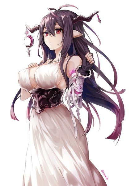 Anime picture 707x1000 with granblue fantasy danua arisaka ako single long hair tall image looking at viewer breasts light erotic simple background hair between eyes large breasts white background purple eyes signed ahoge horn (horns) pointy ears draph girl
