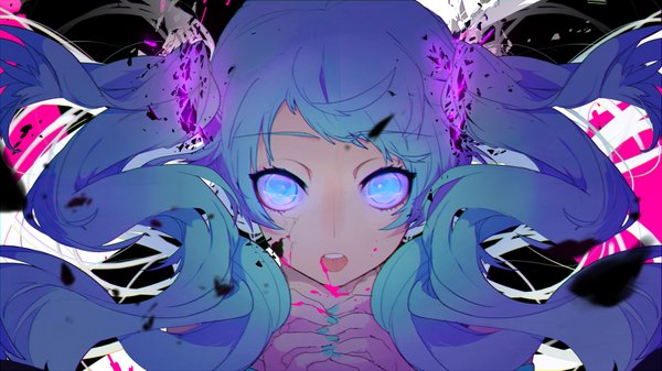 Anime picture 900x506 with vocaloid ghost rule (vocaloid) hatsune miku hassan (sink916) single long hair looking at viewer fringe open mouth blue eyes wide image twintails blue hair upper body nail polish official art teeth floating hair crack choking