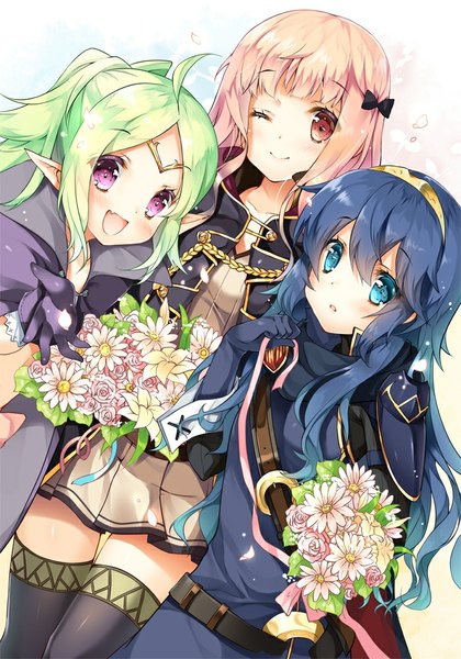Anime picture 700x1000 with fire emblem fire emblem awakening lucina (fire emblem) nono (top wo nerae 2!) miwabe sakura long hair tall image looking at viewer blush open mouth blue eyes simple background smile multiple girls holding blue hair pink hair one eye closed pink eyes green hair