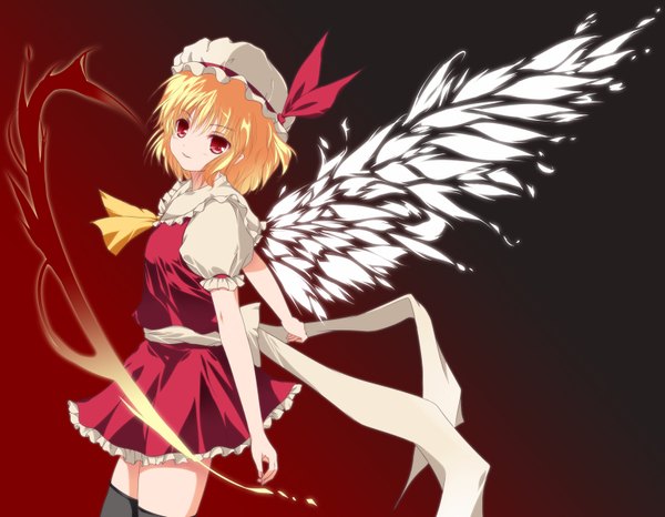 Anime picture 1544x1200 with touhou flandre scarlet bee (artist) single short hair blonde hair red eyes girl thighhighs hat wings