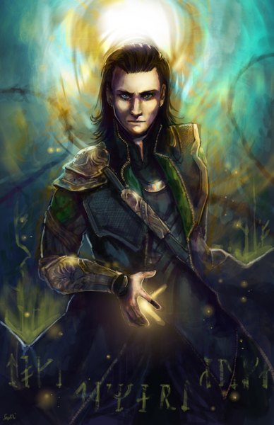 Anime picture 3300x5100 with thor marvel comics loki (thor) oneoftwo single long hair tall image highres black hair green eyes absurdres magic glow boy