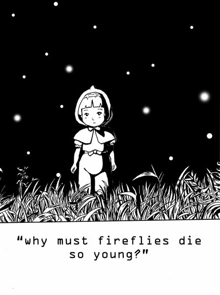 Anime picture 772x1034 with grave of the fireflies studio ghibli setsuko (grave of the fireflies) arkamui single tall image blush short hair white hair black eyes text monochrome english girl plant (plants) hood star (stars) cape grass child (children)