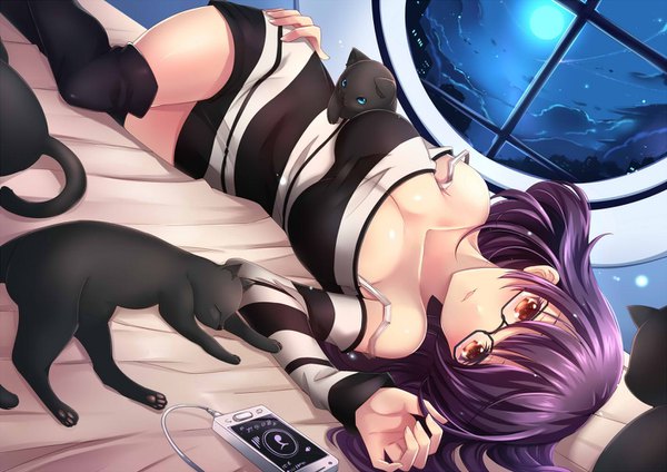 Anime picture 1414x1000 with original aata1007 single long hair looking at viewer blush fringe breasts light erotic red eyes large breasts bare shoulders cleavage purple hair cloud (clouds) indoors lying parted lips light smile night