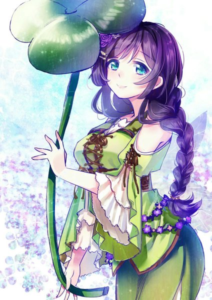 Anime picture 1080x1527 with love live! school idol project sunrise (studio) love live! toujou nozomi akihara nozomi sheila single long hair tall image looking at viewer blush fringe smile standing bare shoulders purple hair braid (braids) hair flower aqua eyes wide sleeves fantasy