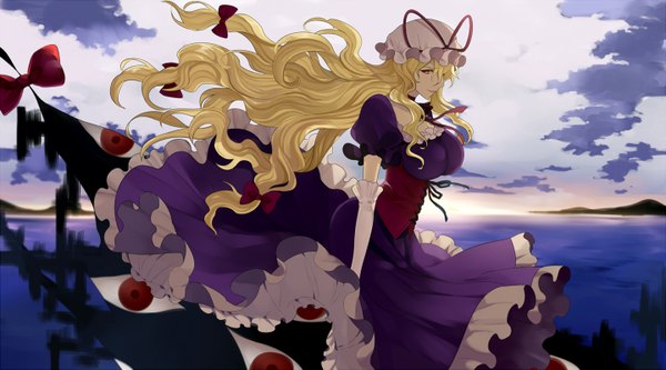 Anime picture 1440x800 with touhou yakumo yukari harano single breasts blonde hair wide image large breasts cloud (clouds) very long hair eyes girl dress gloves bow hair bow elbow gloves bonnet