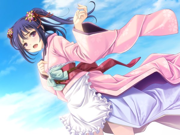 Anime picture 1600x1200 with tenshi no hane wo fumanaide long hair open mouth black hair purple eyes game cg girl