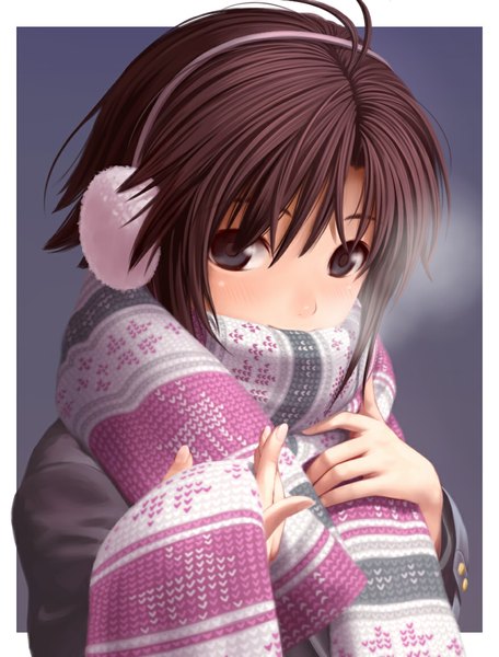 Anime picture 878x1155 with original nekopuchi single tall image looking at viewer short hair brown hair black eyes exhalation girl headphones scarf