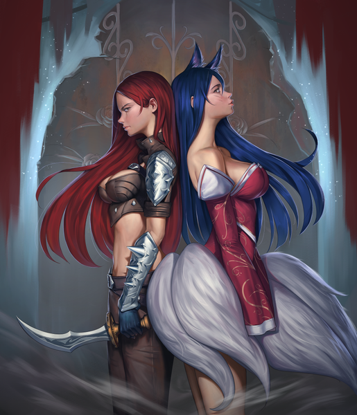 Anime picture 922x1074 with league of legends ahri (league of legends) katarina (league of legends) sinceillust long hair tall image breasts multiple girls brown eyes animal ears blue hair red hair tail profile lips fox girl scar multiple tails girl dress