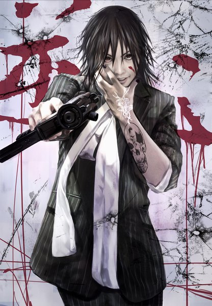 Anime picture 1200x1730 with original eat0123 single tall image looking at viewer fringe short hair black hair smile hair between eyes brown eyes nail polish realistic tattoo hand on face blood on face pointing at viewer broken glass boy weapon