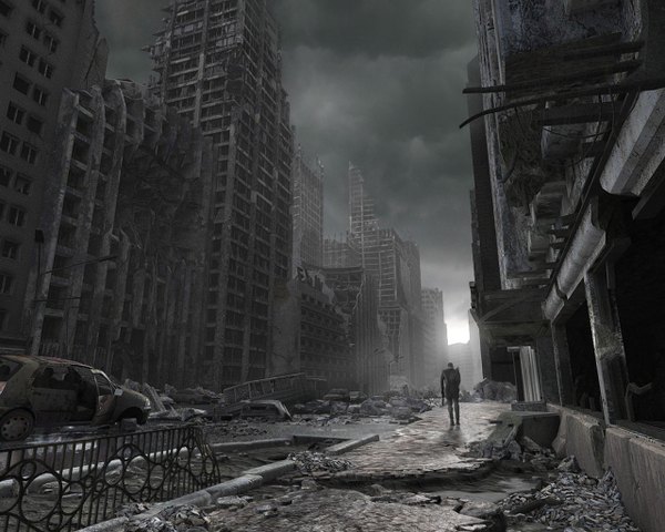 Anime picture 1280x1024 with monochrome ruins street post-apocalyptic building (buildings) ground vehicle car