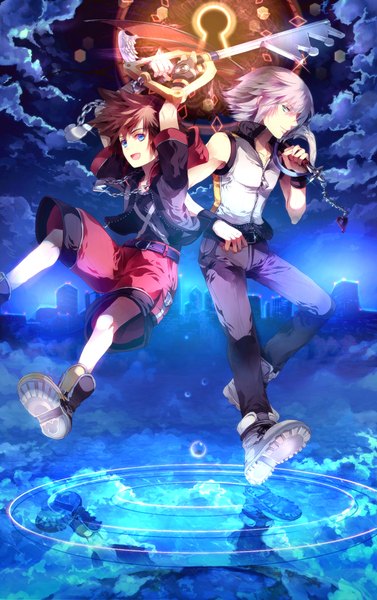 Anime picture 1320x2100 with kingdom hearts square enix sora (kingdom hearts) riku (kingdom hearts) sunakumo tall image looking at viewer short hair open mouth blue eyes smile brown hair sky silver hair cloud (clouds) multiple boys city reflection boy water