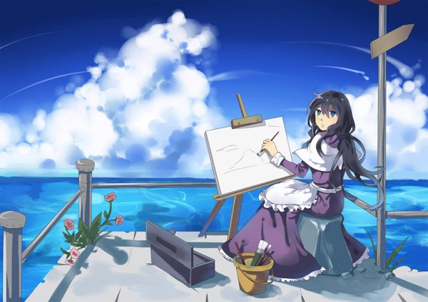 Anime picture 1507x1066 with original drawing girls 2012 fusato single long hair fringe blue eyes sitting sky cloud (clouds) looking back landscape drawing girl dress flower (flowers) plant (plants) water sea paper